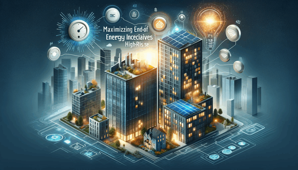 Modern high-rise building equipped with solar panels and energy-saving technologies against a cityscape backdrop, symbolizing sustainable urban development.