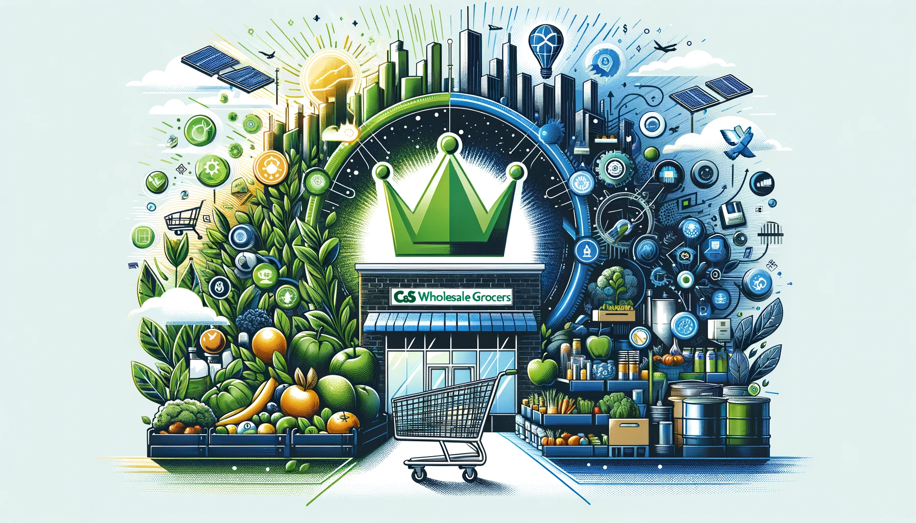 Partnership between Green Crown Energy and C&S Wholesale Grocers for sustainable retail energy management, featuring renewable energy symbols and grocery elements